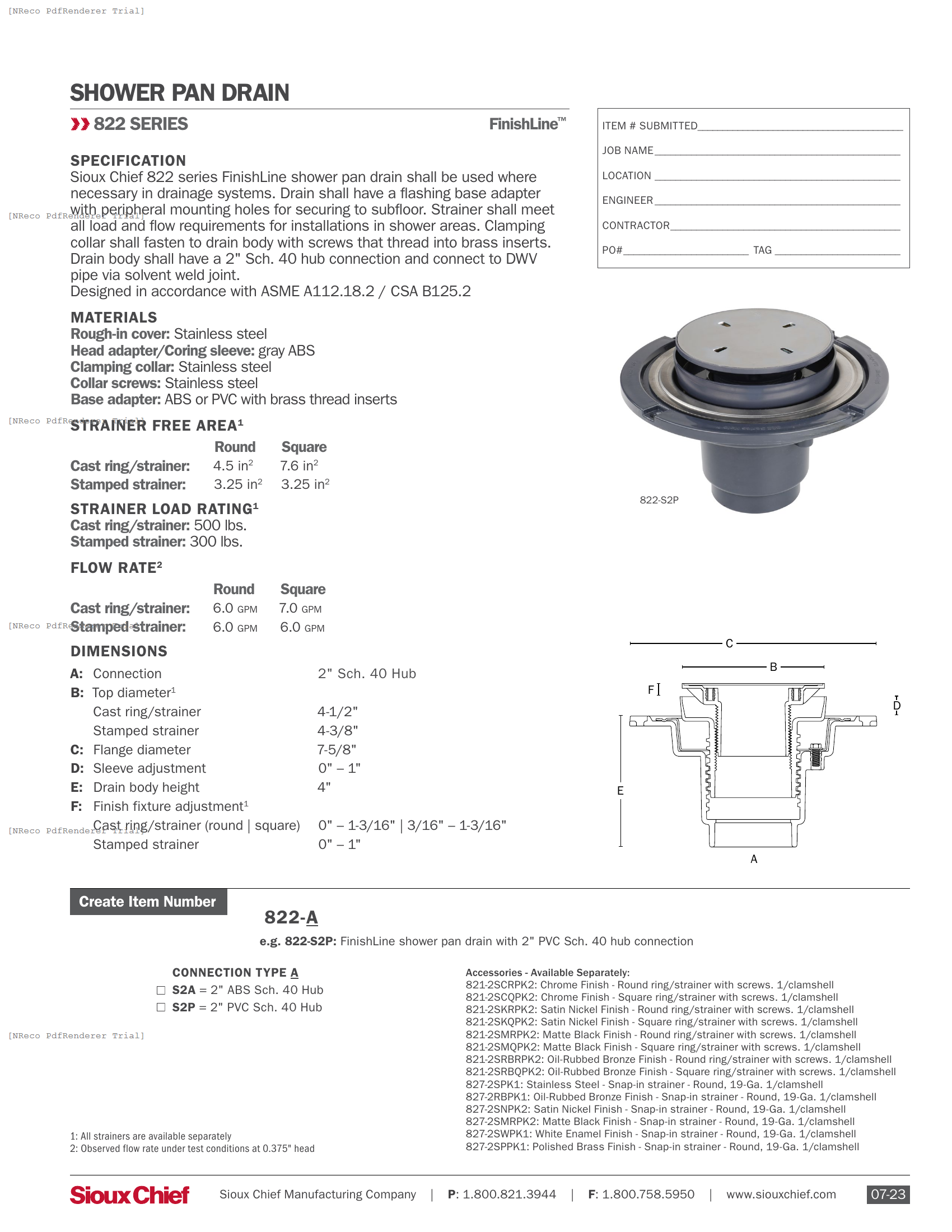822 SERIES - FINISHLINE SHOWER PAN DRAIN - SPEC SHEET.PDF Specification Document